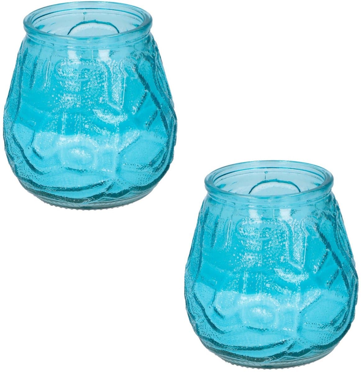 Set van 4x stuks citronella lowboy tuin kaarsen in blauw glas - 10 cm - 15 branduren