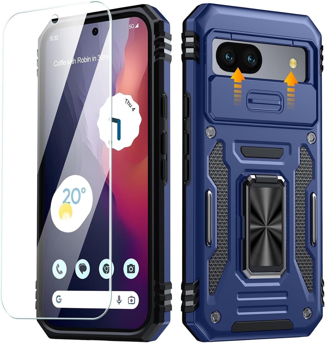Zandarix Geschikt voor Google Pixel 8a - Slide Cameraafdekking - Displaybescherming - Magnetische robuuste met standring - Militaire bescherming - Back Cover Hoesje - Donkerblauw