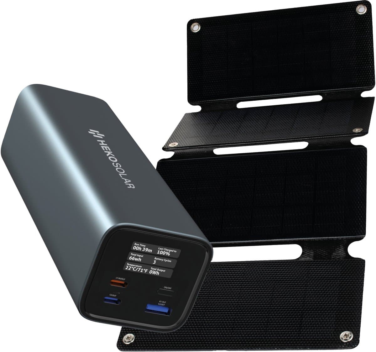 Heko Solar® Fuse 140 + Unfold 15 - Powerbank met Zonnepaneel - 27.000 mAh - 140W snellader - USB-A/USB-C - Laptop Powerbank - Digital Display - Noodpakket