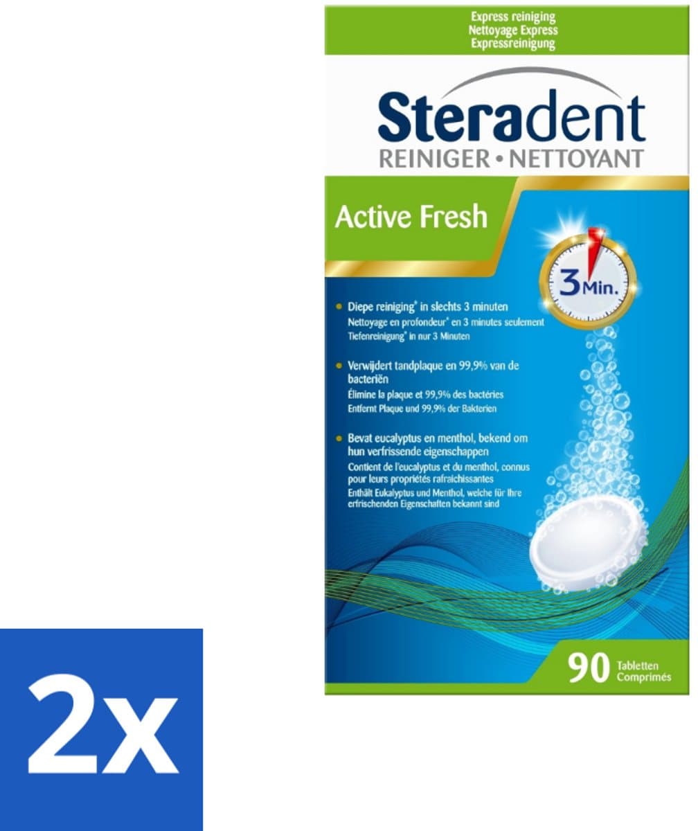 Steradent - Kunstgebitreiniger - Active Fresh - Menthol En Eucalyptus - 90 Tabletten - Voordeelverpakking - 2 stuks
