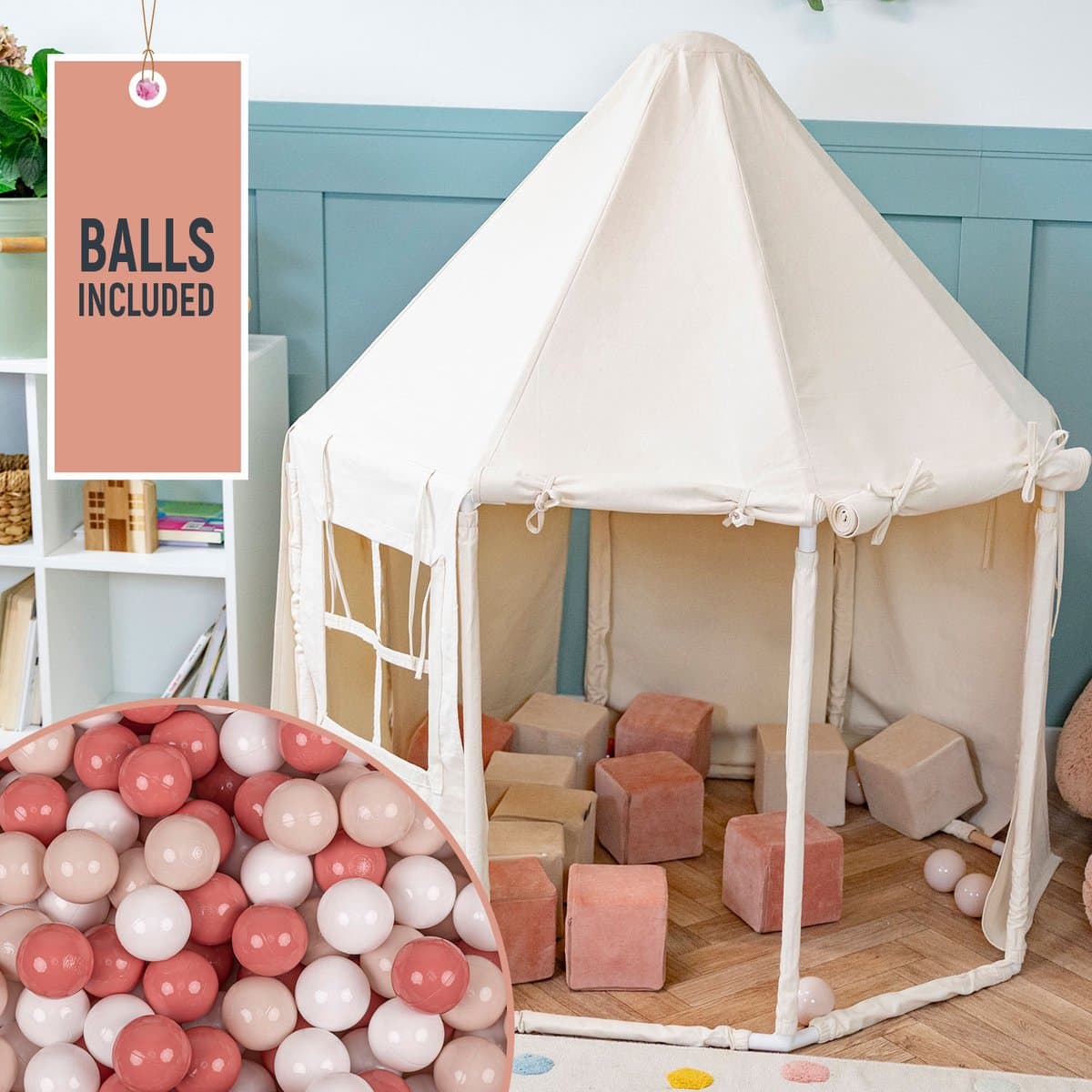 KiddyMoon Speeltent Kindertent Met 400 Ballen Opvouwbaar Voor Kinderen Paviljoenvormig Kinderhuis Gemakkelijk In elkaar te zetten Om Binnen En Buiten Te Spelen, Natuurlijke Kleur:Pastel Beige/Zalm/Wit
