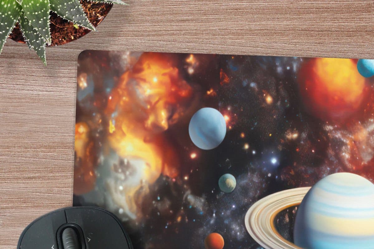 Muismat XXL 90x60 cm - Bureau onderlegger - Bureau mat Planeten - Heelal - Neon - Ruimte - Bureaumat - Gaming mousepad xl - Bureaulegger groot - Computer deskmat - Geschikt voor Gaming Muis en Gaming PC set-up