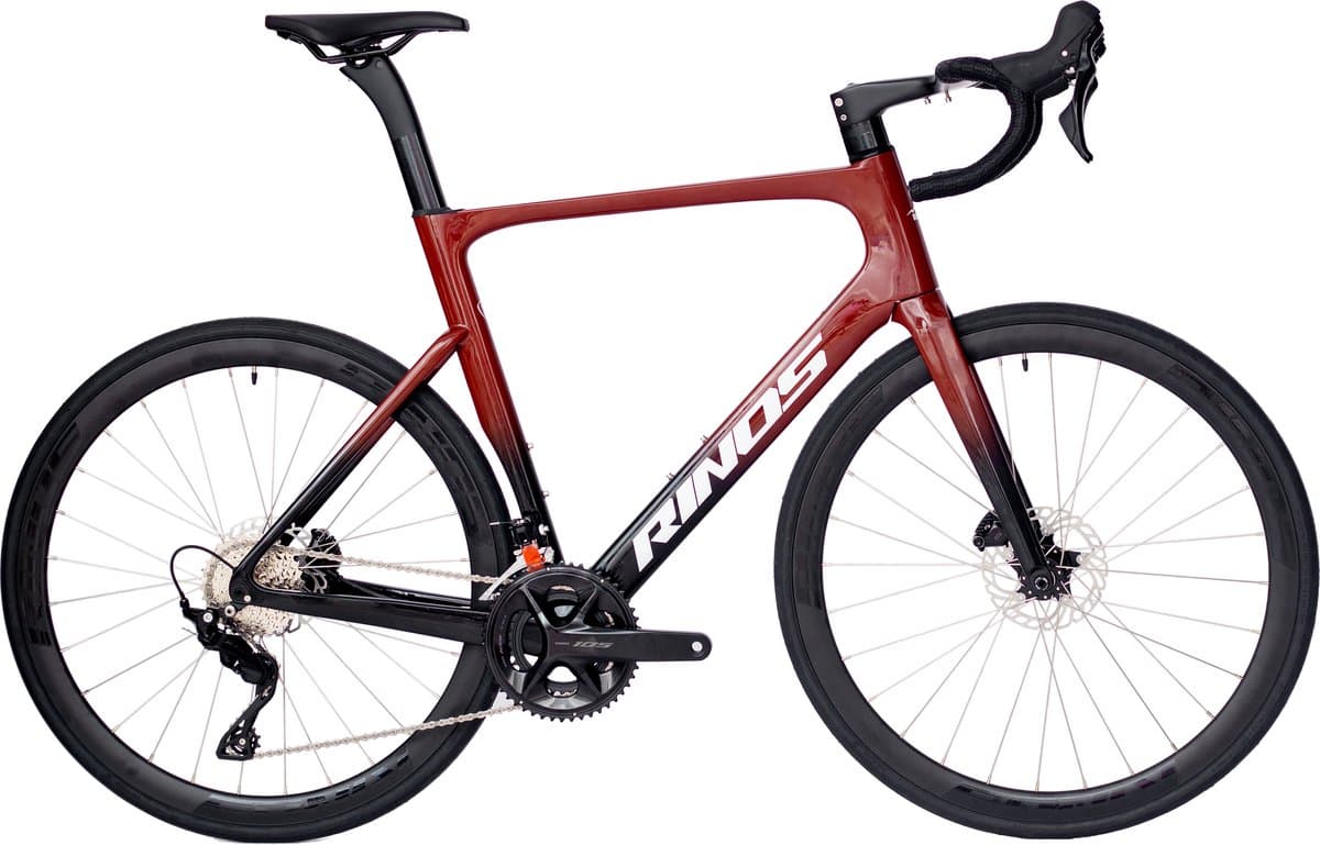 Rinos Odin 4.1 Alle Carbon racefiets - lichtgewicht racefiets 700C - Shimano 105 - 24 versnellingen - Koolstofvezel velgen - aerodynamisch ontwerp - hydraulische remmen - unisex - Zwart Rood 50