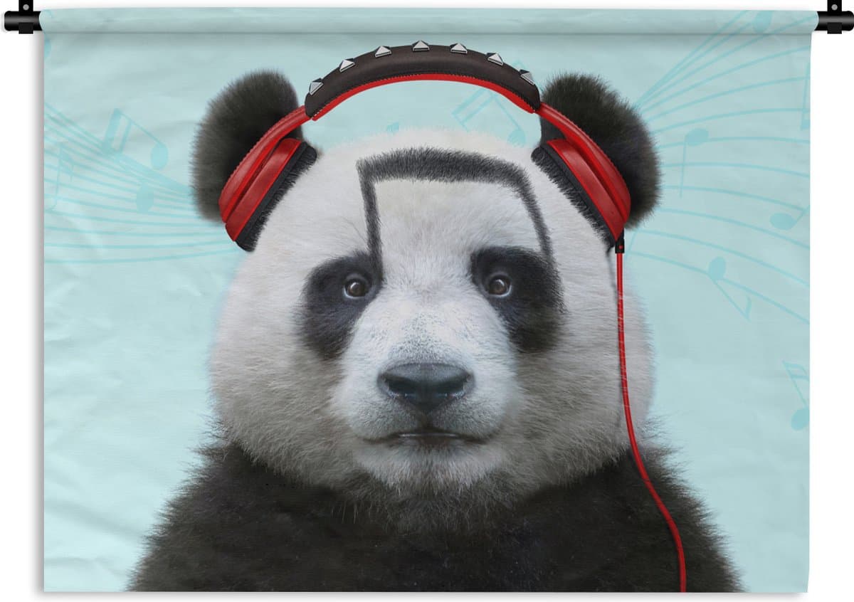 Wandkleed - Panda - Dieren - Koptelefoon - Muzieknoten - Rood - Wandtapijt - Wanddoek - 90x67 cm - Muurdoek
