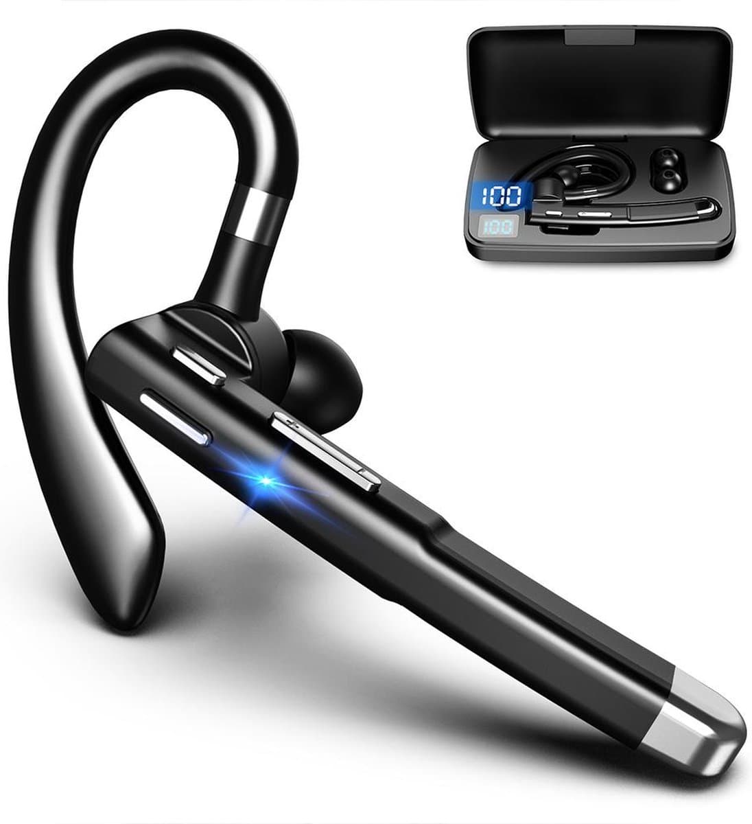 Otiume - Draadloze Bluetooth Headset – Noise Canceling – Incl. Oplaadkoffer - 32 uur Beltijd - Waterproof - Handsfree - Zwart Zilver