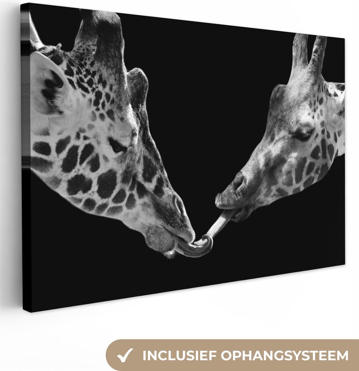 Canvas - Wilde dieren - Giraffe - Familie - Zwart - Wit - Schilderijen op canvas - Canvas doek - 90x60 cm - Wanddecoratie - Woonkamer