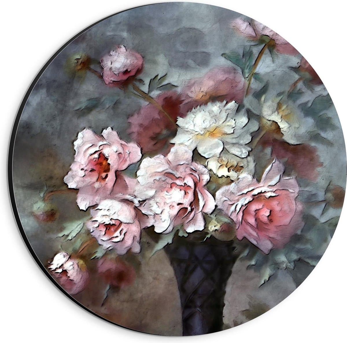 Dibond Wandcirkel - Roze Bos Bloemen Geschilderd  - 20x20cm Foto op Aluminium Wandcirkel (met ophangsysteem)