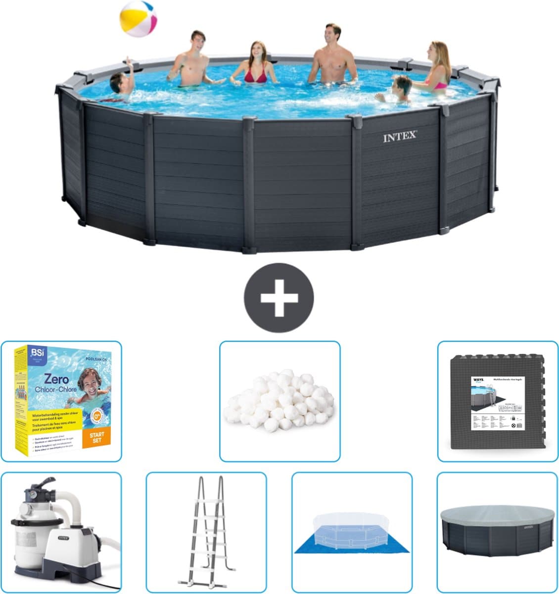 Intex Rond Graphite Gray Panel Zwembad - 478 x 124 cm - Inclusief Pomp - Ladder - Grondzeil - Afdekzeil Onderhoudspakket - Filterbollen - Vloertegels