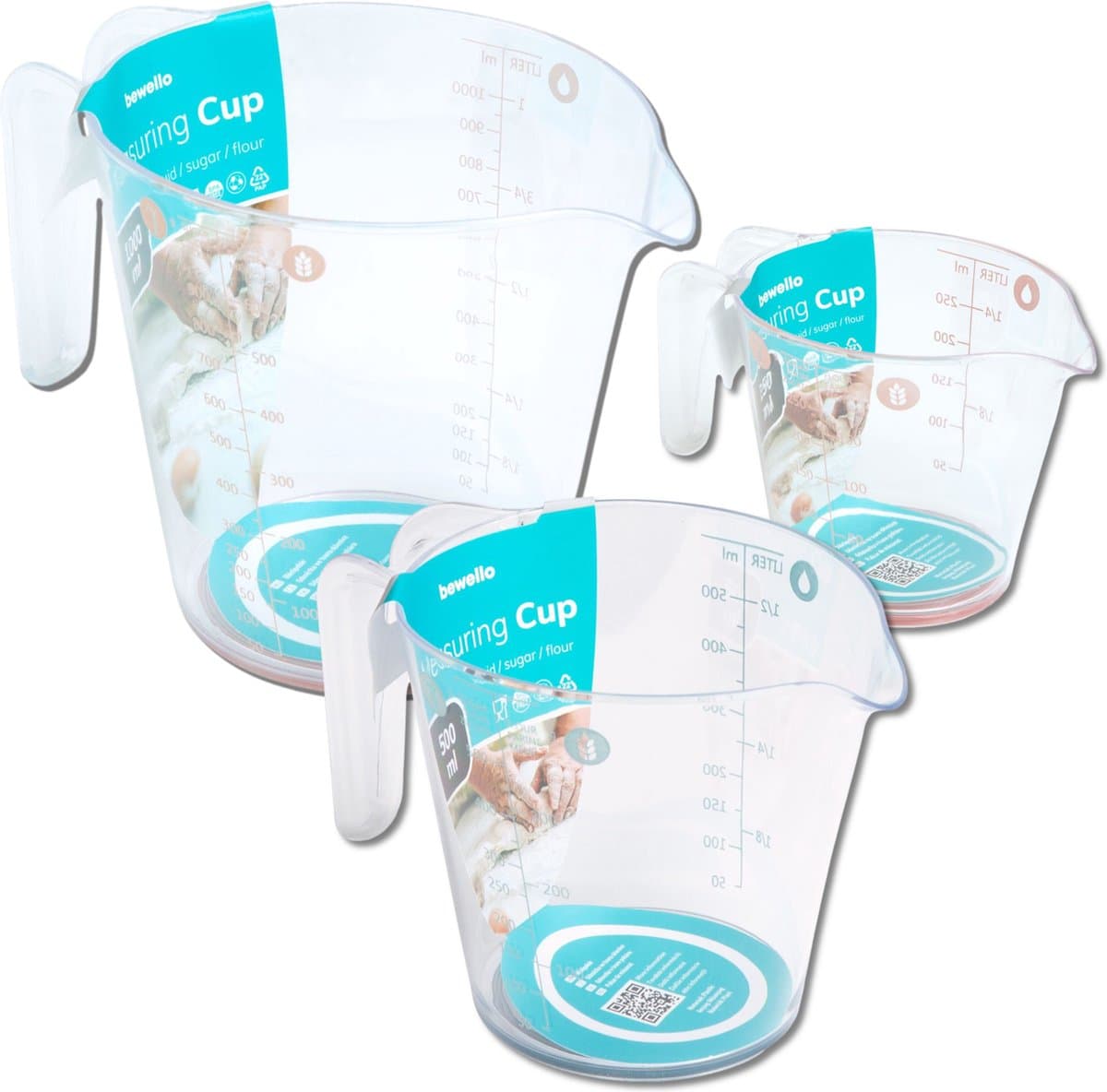 Bewello Maatbeker Set met Schenktuit - 1 Liter / 500 ml / 250 ml - met Anti-Slip Ring op de bodem - 3 Stuks Maatbekers - Meetbeker - Maatkan - Measuring Cup