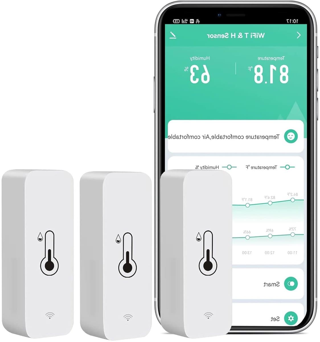 Drie Draadloze Temperatuur- en Vochtigheidssensoren: Slimme Monitor met App Waarschuwingen, Gratis Gegevensopslag en Export, Ideaal voor Binnengebruik en Klimaatbeheersing