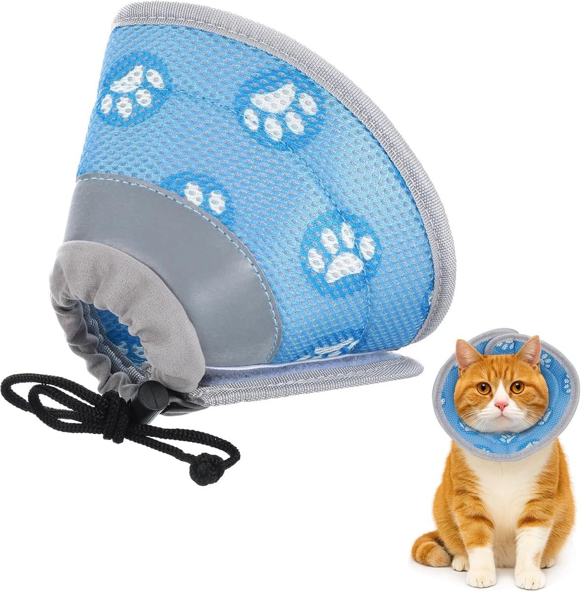 Verstelbare Halskraag voor Katten en Kleine Honden – Beschermend Mesh Kraagje voor Postoperatief Herstel en Wondverzorging – Zacht en Comfortabel met Reflecterende Strepen