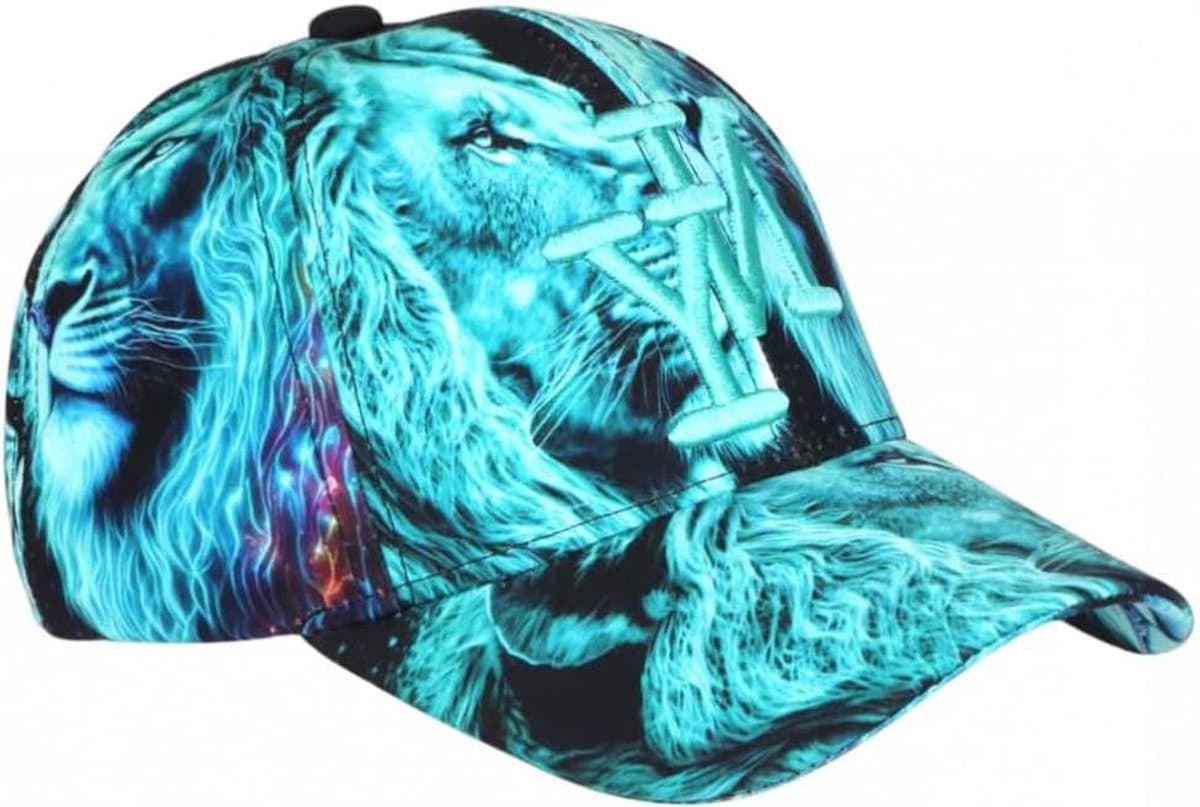 Honkbalpet Leeuw Print - Pet Unisex - Straatstijl - 3D NY Borduring - One Size - Turquoise en Zwart