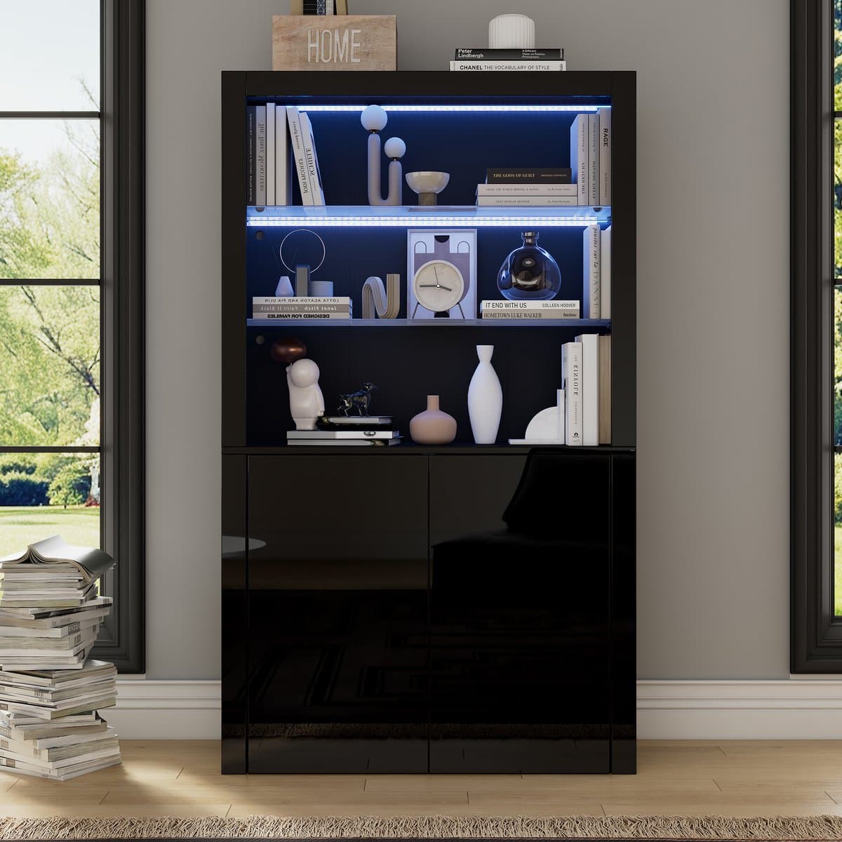 Hoge Kast - 100 x 35 x 170 cm - Hoogglans Opbergruimte met LED en 2 Glasplanken - Glas en Hout - Zwart