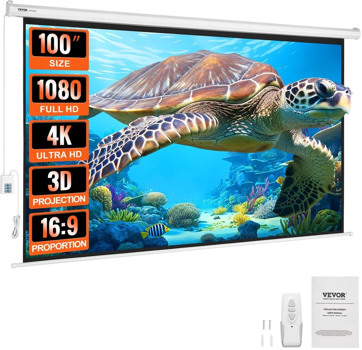 Velmio Elektrisch Projector Scherm - 100 Inch - 16:9 - 4K 1080 HD - Met Afstandsbediening - 227 x 152 cm - Thuisbioscoop