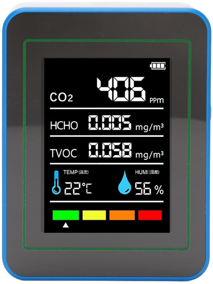 Luchtkwaliteitsmeter - Detector Monitor - Binnen Lucht Meten - 5 in 1 Sensor - 90x70x35 mm - Wit Blauw