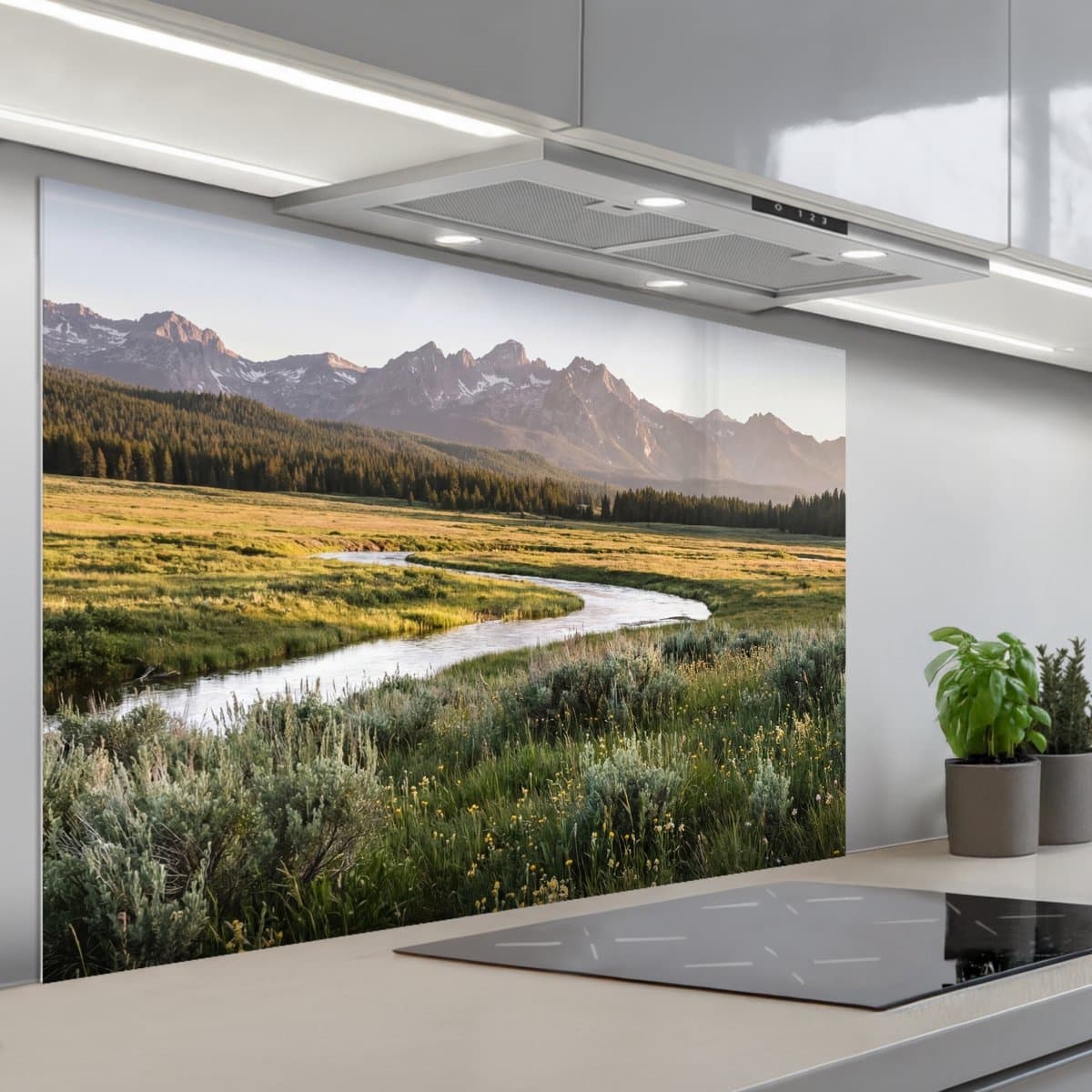 Spatscherm 120x80 cm - Zelfklevende achterwand Berglandschap - Rivier - Bos - Keuken muurbeschermer - Spatwand fornuis
