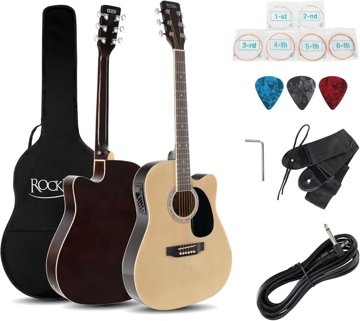 Akoestische Dreadnought Westerngitaar Set met Pickup - Inclusief Tas, Riem, Kabel, Reserve-snaren en Plectrums - Natuurlijk