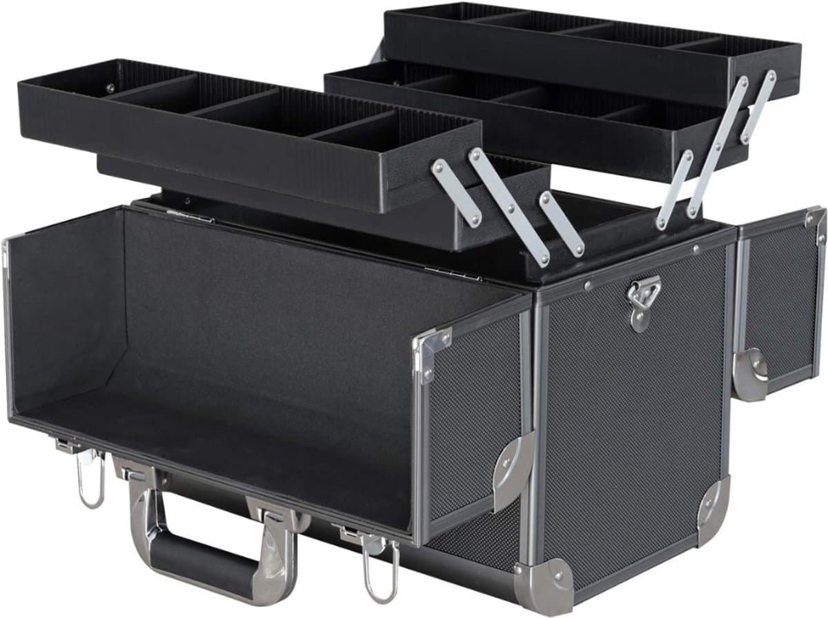 Aura® Cosmetica Koffer - Make-up Koffer met Verstelbare Vakken – Visagie Koffer – Cosmetica Organizer – Kapperskoffer -Pedicure Koffer – Mobiele Koffer voor Kappers - Zwart - 35cm x 5cm x 22cm