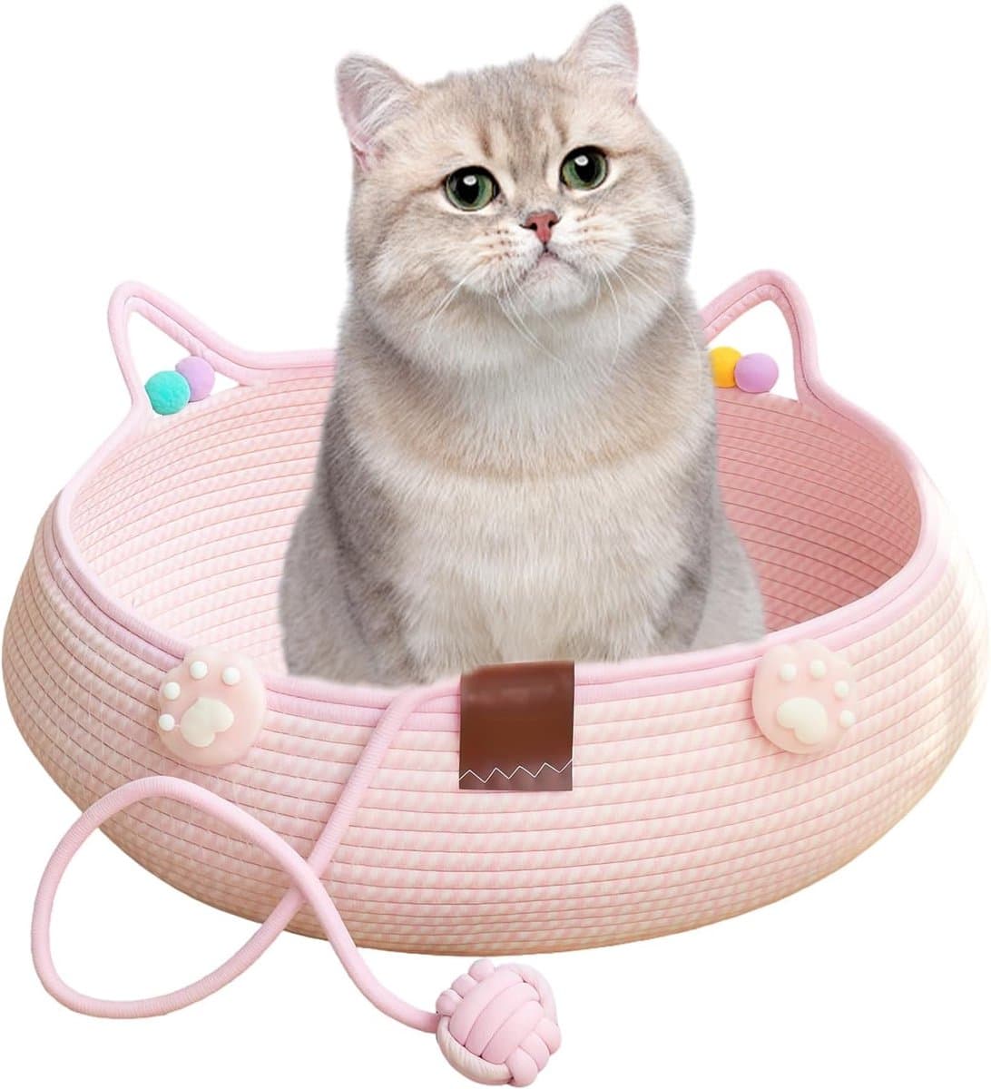 Oneay Geweven kattenmand 40 cm – Zacht katoenen touwen bed met oortjes – Geschikt voor binnenkatten, kleine honden en konijnen – Roze