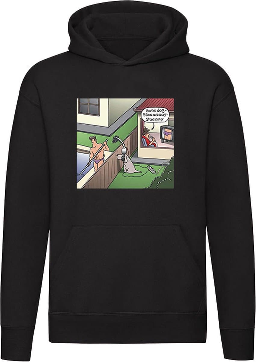 Vrouw gluurt naar buurman via de Hond Hoodie - Camera - Zwembad - Unisex Trui