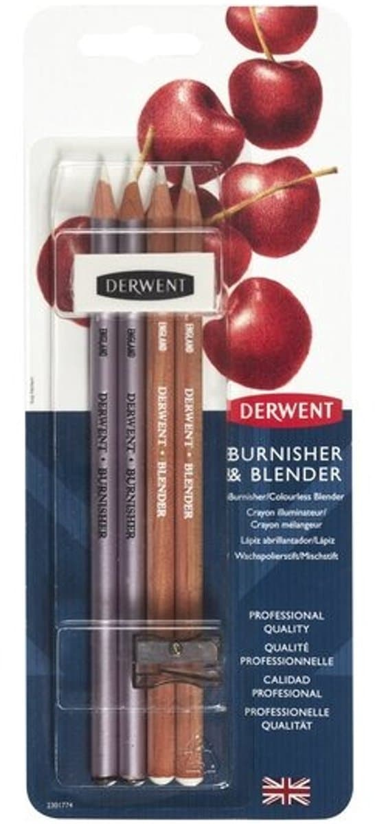 Derwent Blender & Burnisher Potlodenset - Inclusief Gum en Puntenslijper - Professionele Kwaliteit - Set van 4