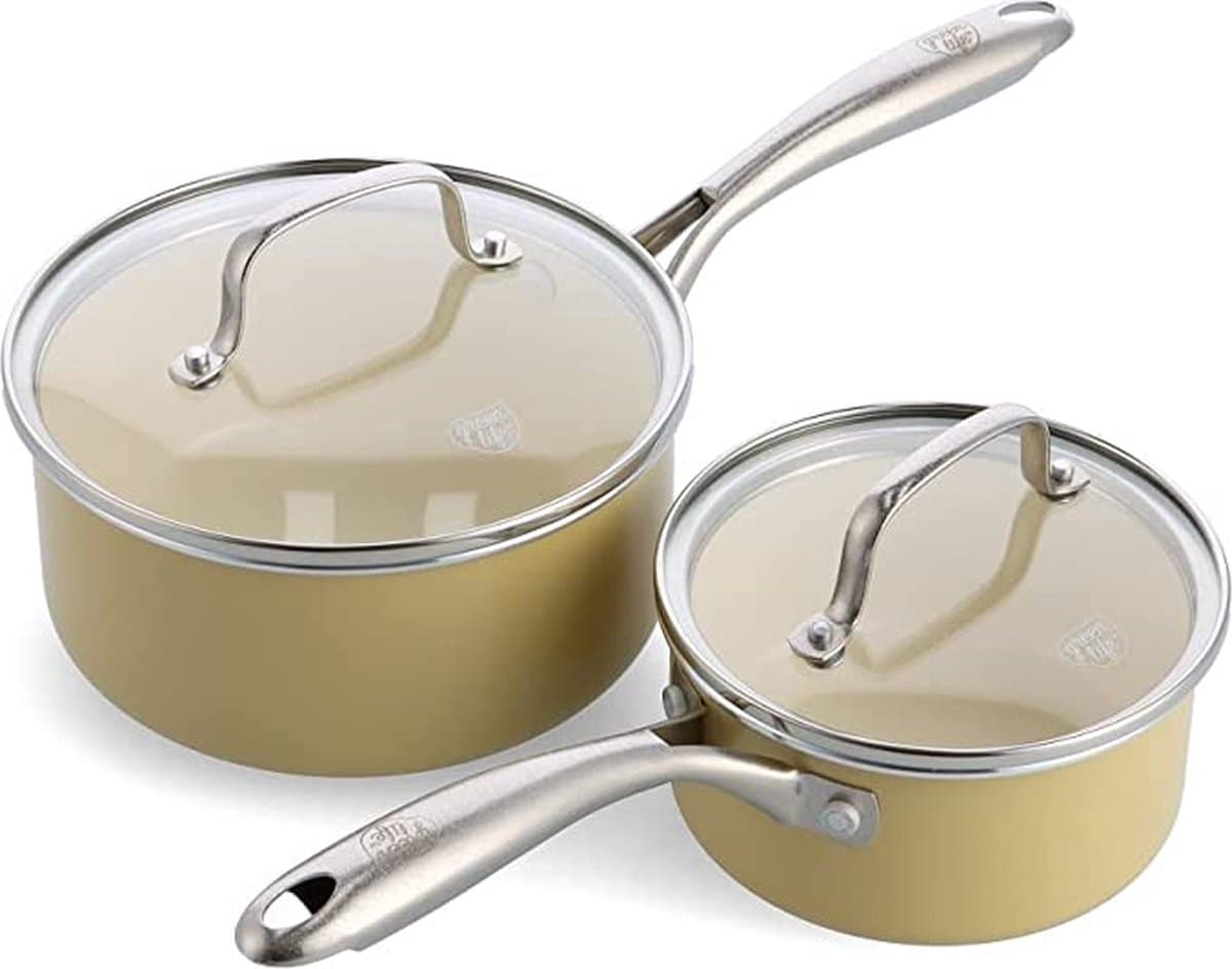 GreenLife Artisan Geel Steelpanset 4-delig - PFAS-vrije antikleeflaag - Pannenset inductie - Keramische pan - Ovenbestendig tot 220°C - Vaatwasserbestendig - Met deksel - Geel