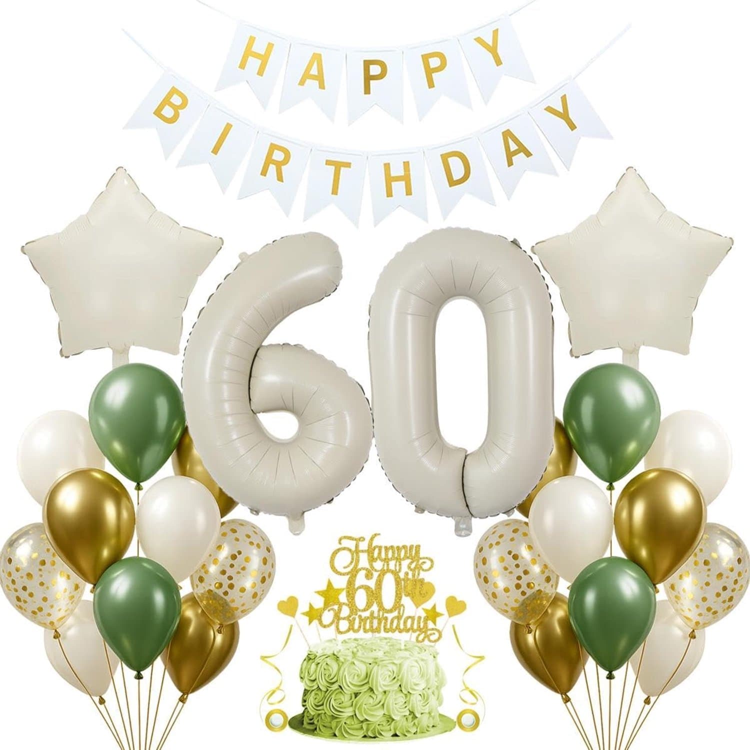 Feestdecoratie 60e verjaardag - Sage green - Ballonnen en banner - Compleet pakket voor een feestelijke viering - ShopVlot