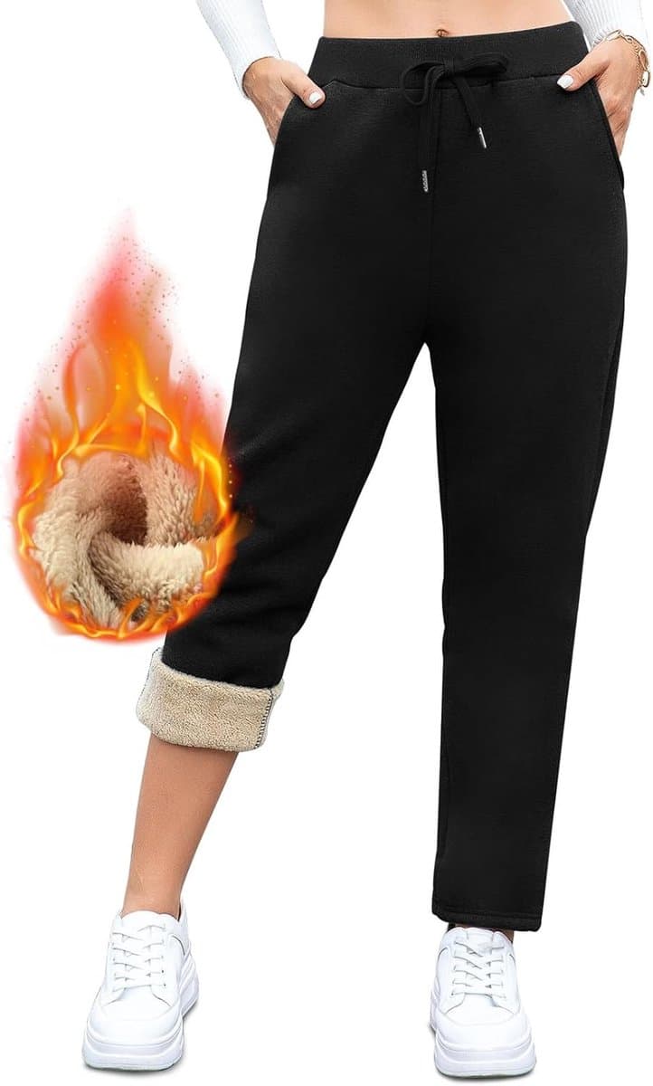 Trainingsbroek voor dames, thermische winterbroek voor dames, verdikte fleece broek voor dames met 2 zakken, elastische tailleband, trekkoord