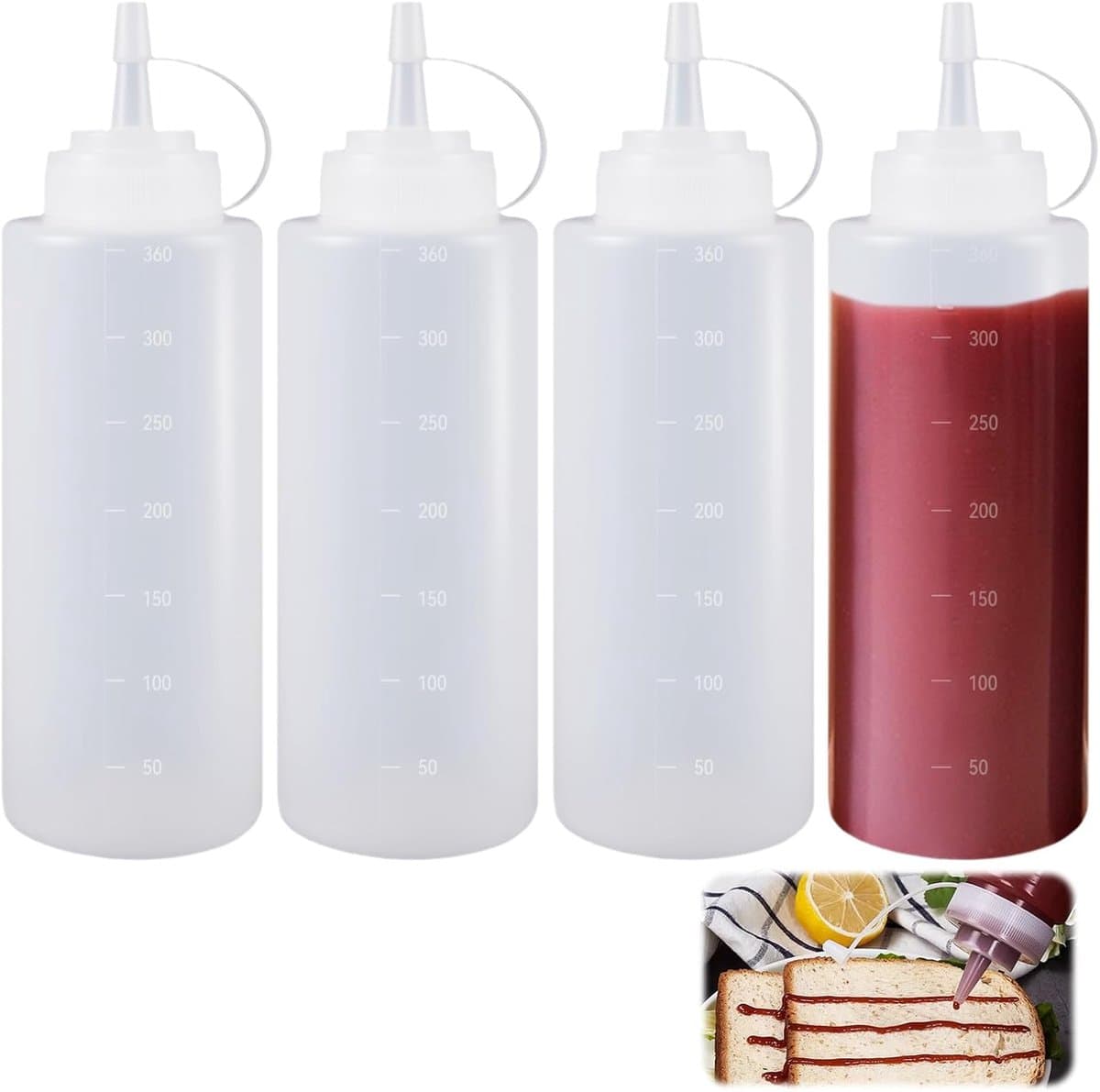 4 Squeeze Fles 360 ml Transparante Sausfles,Plastic Knijpfles met Doppen