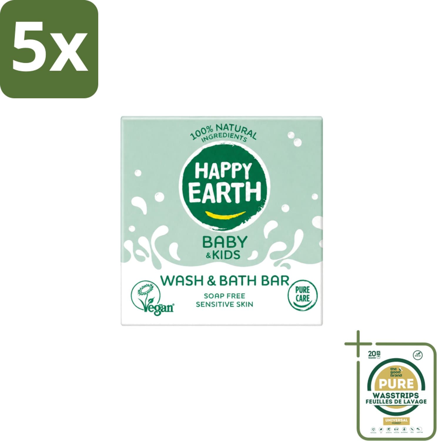 5 x Happy Earth – Wash & Bath Bar – 100% Natuurlijk Baby & Kids – 50 g - Wasstrips - Baby Wasbar - Natuurlijke Wasbar - Baby Badbar - Gevoelige Huid Verzorging - Zeepvrije Wasbar