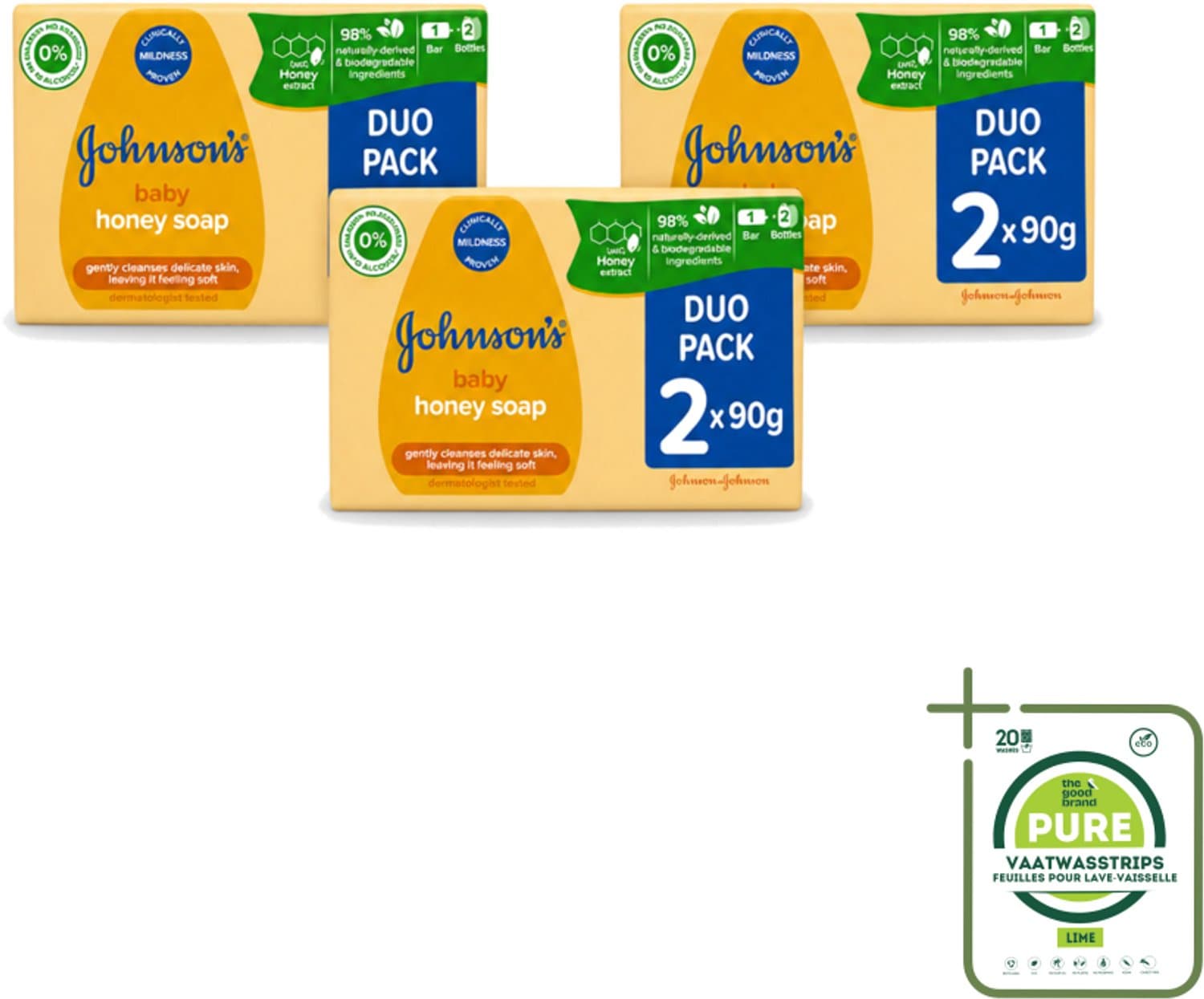 3 x Johnson's - Baby Honey Soap - Zacht - Reinigt Gevoelige Huid - 2 x 90 g - Grootverpakking - Babyhuid Reinigen - Honing Zeep - Gevoelige Huid - Zachte Zeep - Baby Zeep
