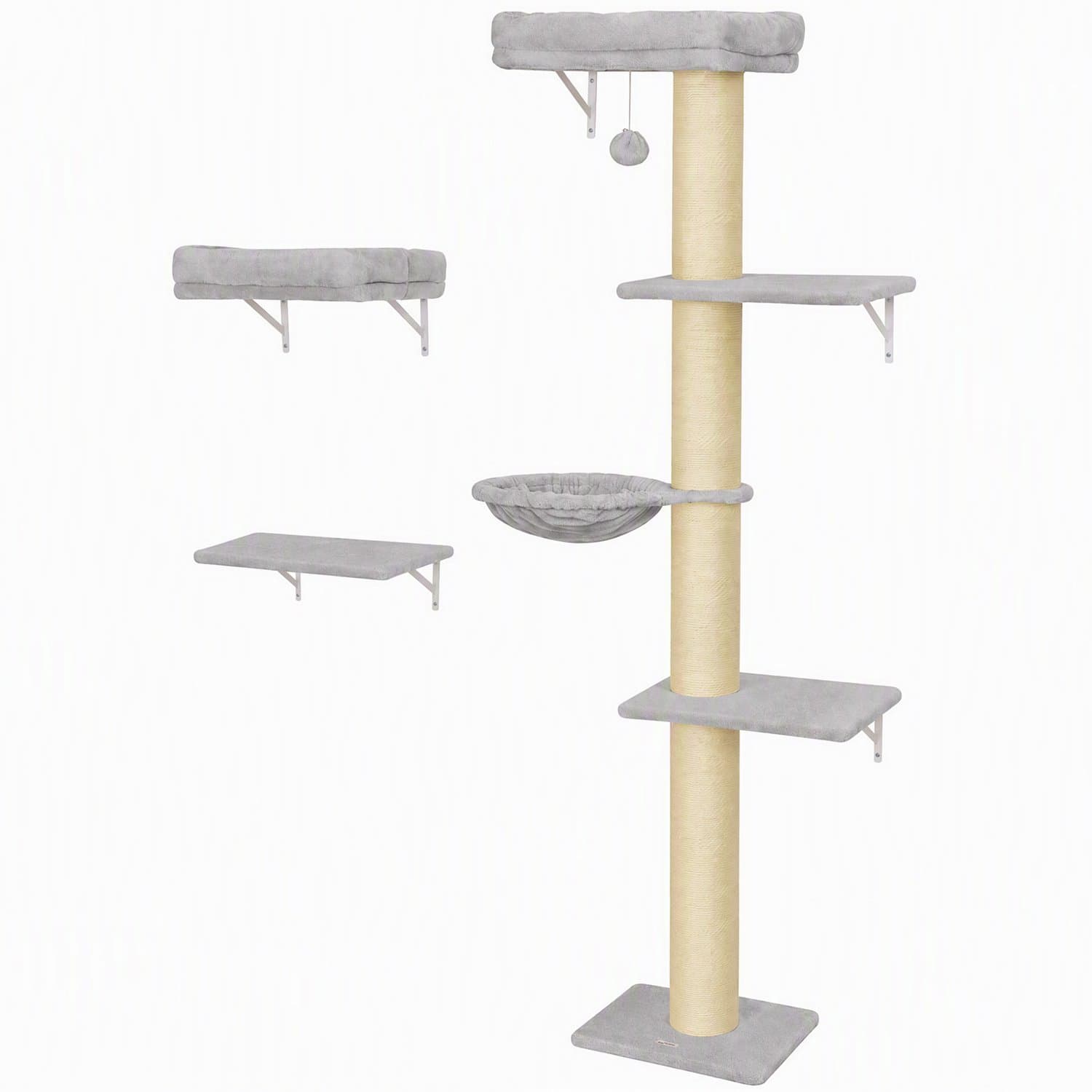 Pawona 5-delige kattenklimwand - Met krabpaal, hangmat en ligbedden - 64 x 29,5 x 178 cm - Lichtgrijs/Crèmewit