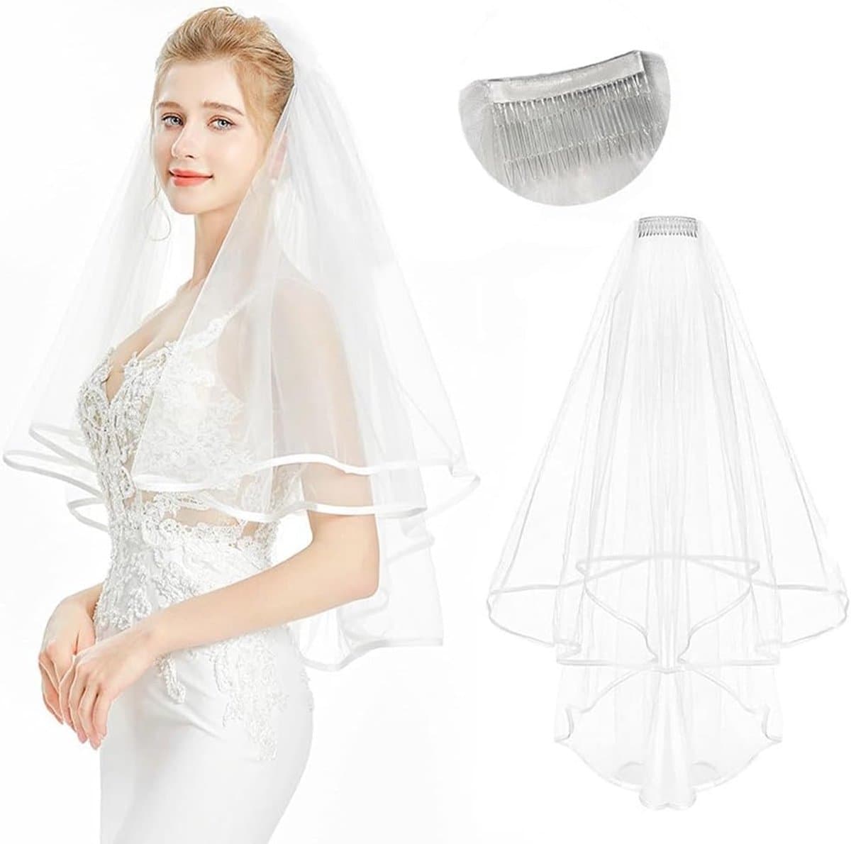Bruidssluier voor bruiloft, sluier voor dames, bruidssluier van tule met 2 niveaus, met kam voor bruiloft, kostuums, feesten, rollenspellen, fotografie, Gebroken wit, 60cm/23.6inch
