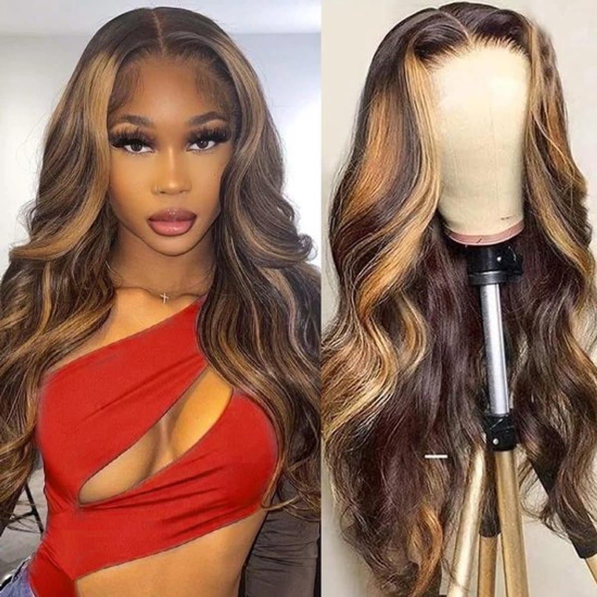 Glueless lace-frontpruik - 14 inch body wave, krullend menselijk haar - 13x4 blond ombré