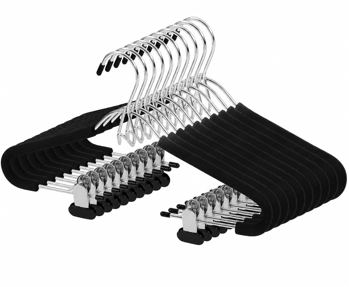 Bobypet - Kledinghangers - Kledinghangers met knijpers Set-van-10 - Kledinghangers anti slip - Met V-Haak Metalen Naadloze hangers - voor Pakken, Mantels en Rokken - Zwart