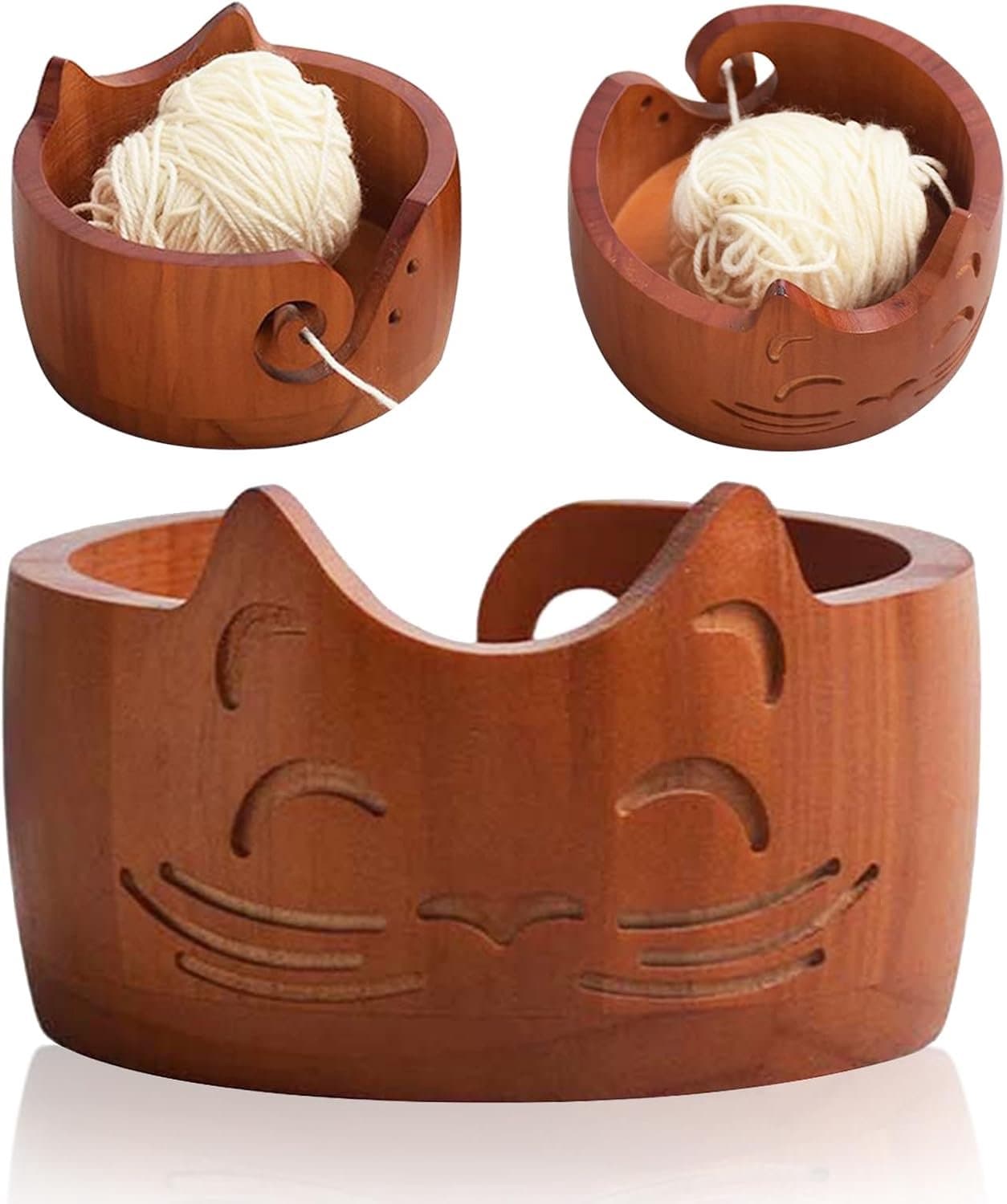 17 x 10 cm, grote houten schaal voor wol, vintage kattenvorm, lichte wollen kom om te breien, handgemaakte wollen schaal om te haken, draagbare gebreide schaal voor brei- en