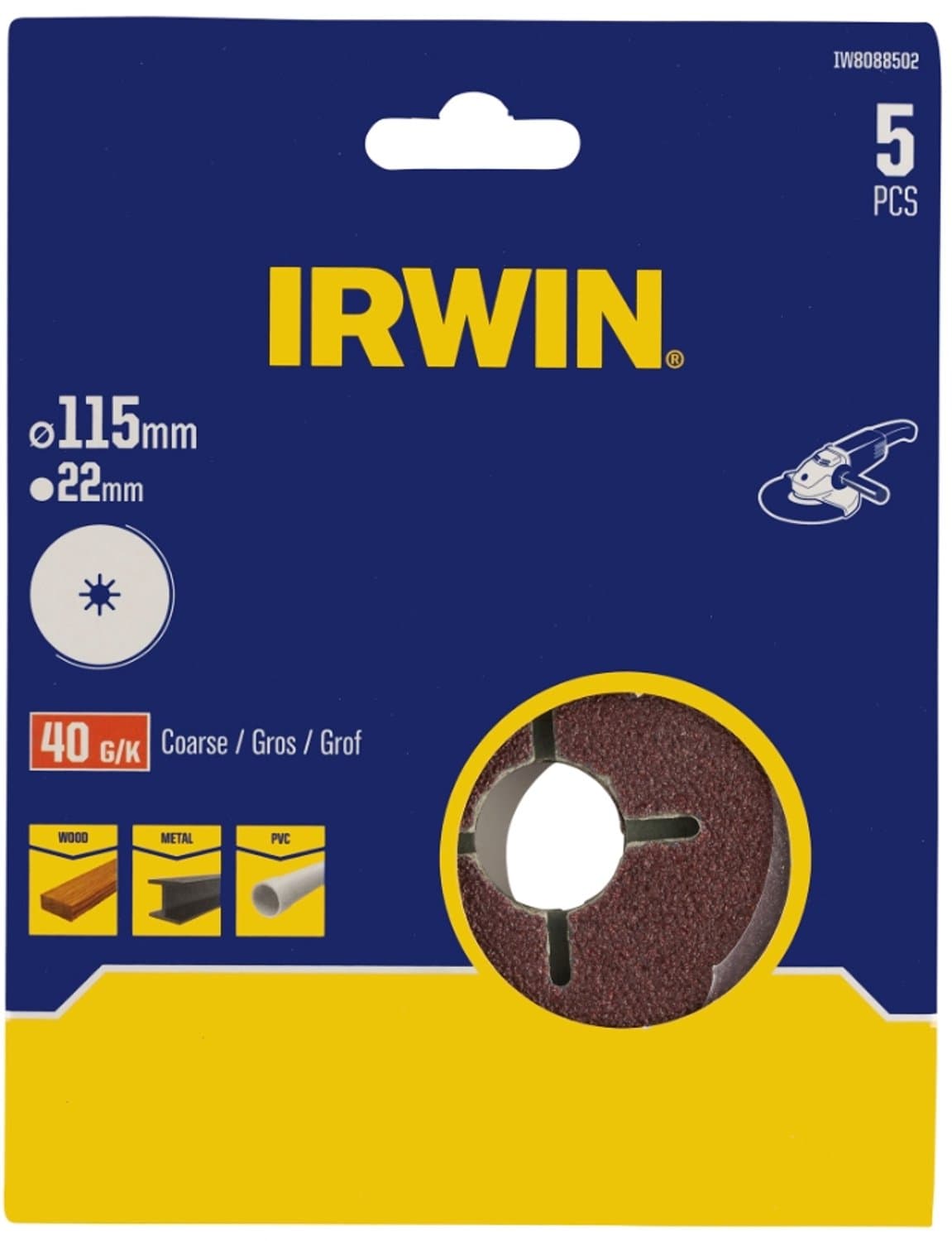 Irwin schuurschijf voor haakse slijper Ø115 mm korrelgrootte K40 5 stuks