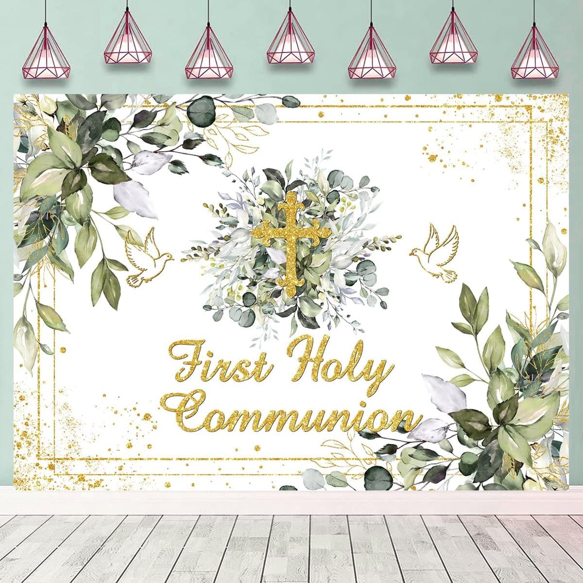 Achtergrond Eerste Heilige Communie Groen God Zegenen Doopceremonie Newborn Baby Shower Fotografie Achtergrond - 238 x 178cm - Feestdecoratie - Geboorte