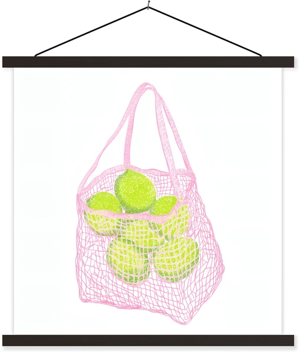 Posterhanger incl. Poster 60x60 cm - Schoolplaat - Netzakje - Roze - Illustratie - Limoenen - Textielposter - Zwarte latten