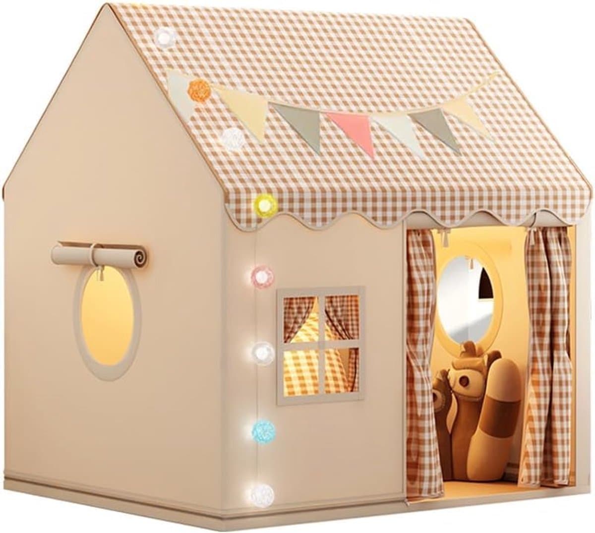 Speeltent voor Binnen - Kinderspeelhuisje voor Binnen - Bedtent, Prinsessentent met Ramen - Kinderspeelhuisje, Gezellige Hoekdecoratie voor de Kinderkamer (Khaki)