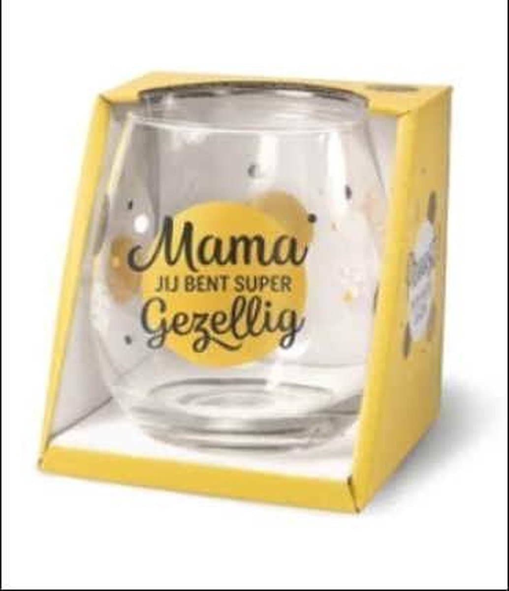 Wijnglas - Waterglas - Mama jij bent super gezellig - Gevuld met verpakte Italiaanse bonbons - In cadeauverpakking met gekleurd lint