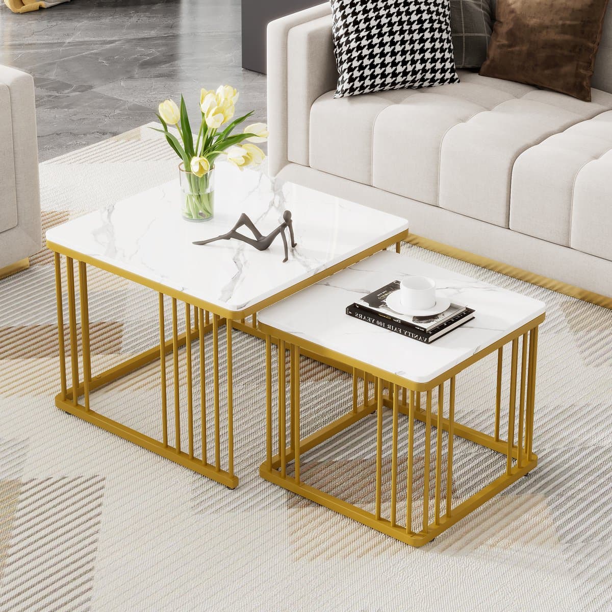 COVREO Salontafel 60 x 60 x 45 cm - set van 2, hoogglans marmerlook, wit en goud