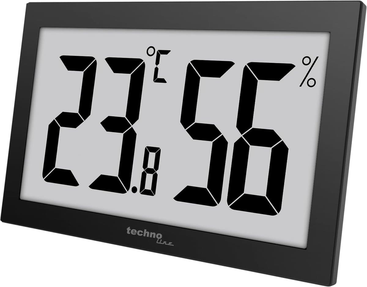 Thijox - Techno Line WS9465 Bureau Thermometer - Hygrometer - Temperatuur en Luchtvochtigheid Monitor - Jumbo LCD Display - Zwart - Ideaal voor Kantoo