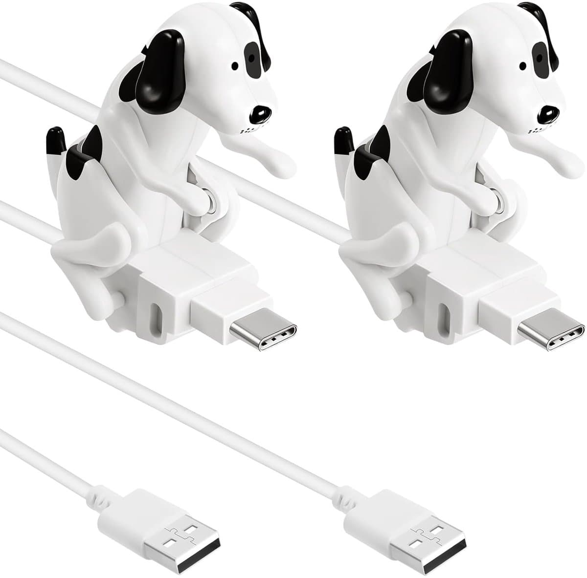 2 × Oplaadkabel met Bewegend Speelgoedhondje, Geschikt voor USB Type-C, Wit met Stippen, Grappige Telefoonkabel, Draagbaar en Gemakkelijk Mee te Nemen, Leuk Cadeau voor Studenten