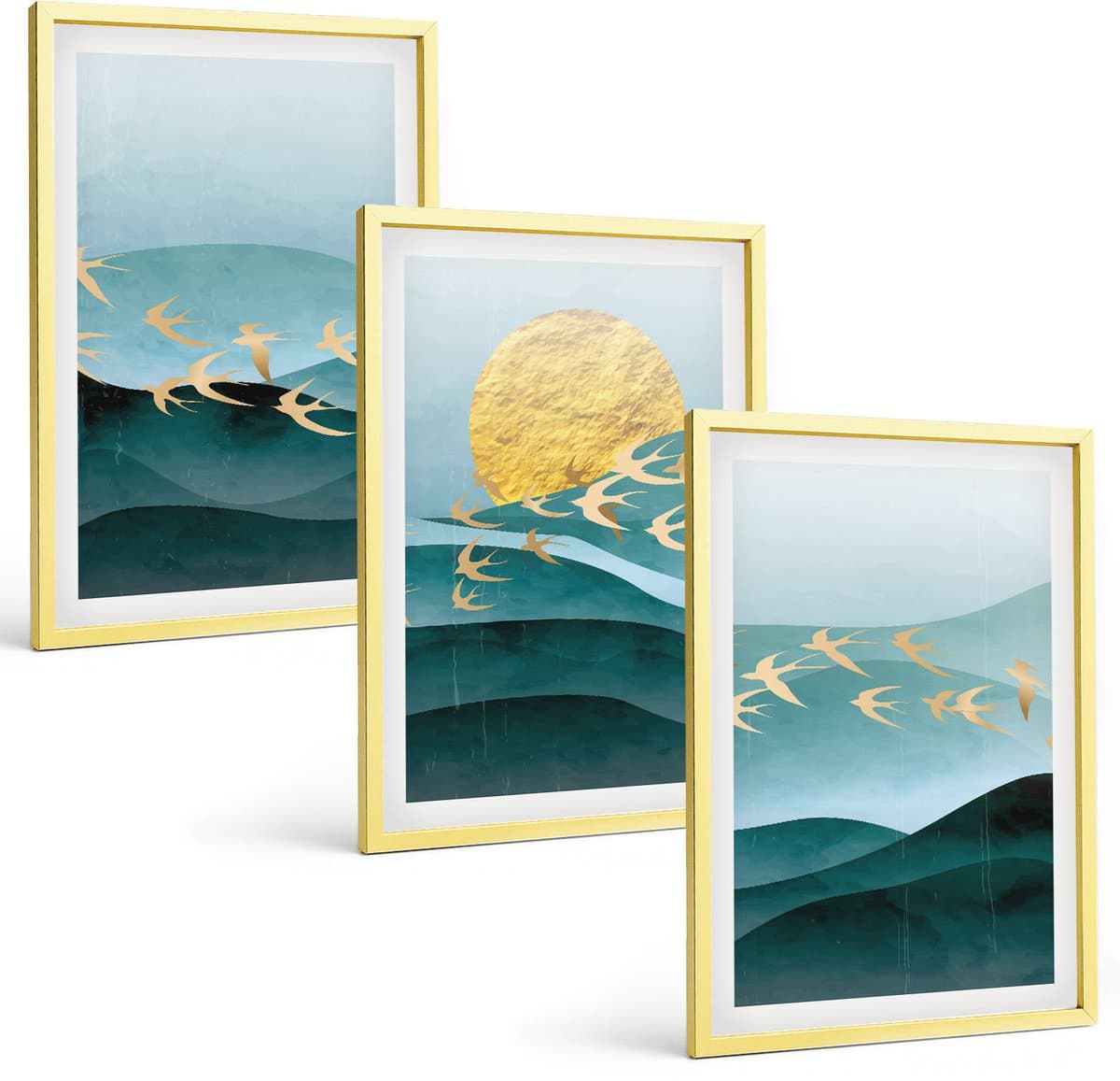 Tulup 4-Delige Schilderij Set - Abstracte landschappen met zonnestralen en vliegende vogels - 40 x 60 cm - Decoratieve Schilderijen - Wanddecoratie - Hal - Muurdecoratie