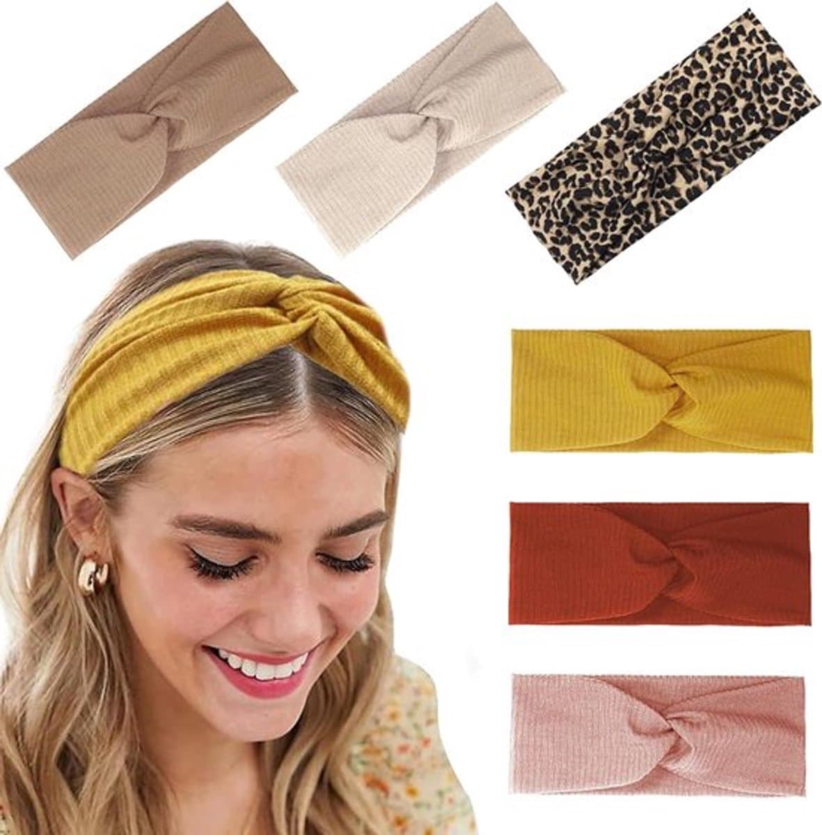 Set van 6 dameshaarbanden - anti-slip, geschikt voor kort haar - Yoga, training, hardlopen, sport - elastische haarbanden - haar-twist turbans en haarwraps voor meisjes - Kleur 2