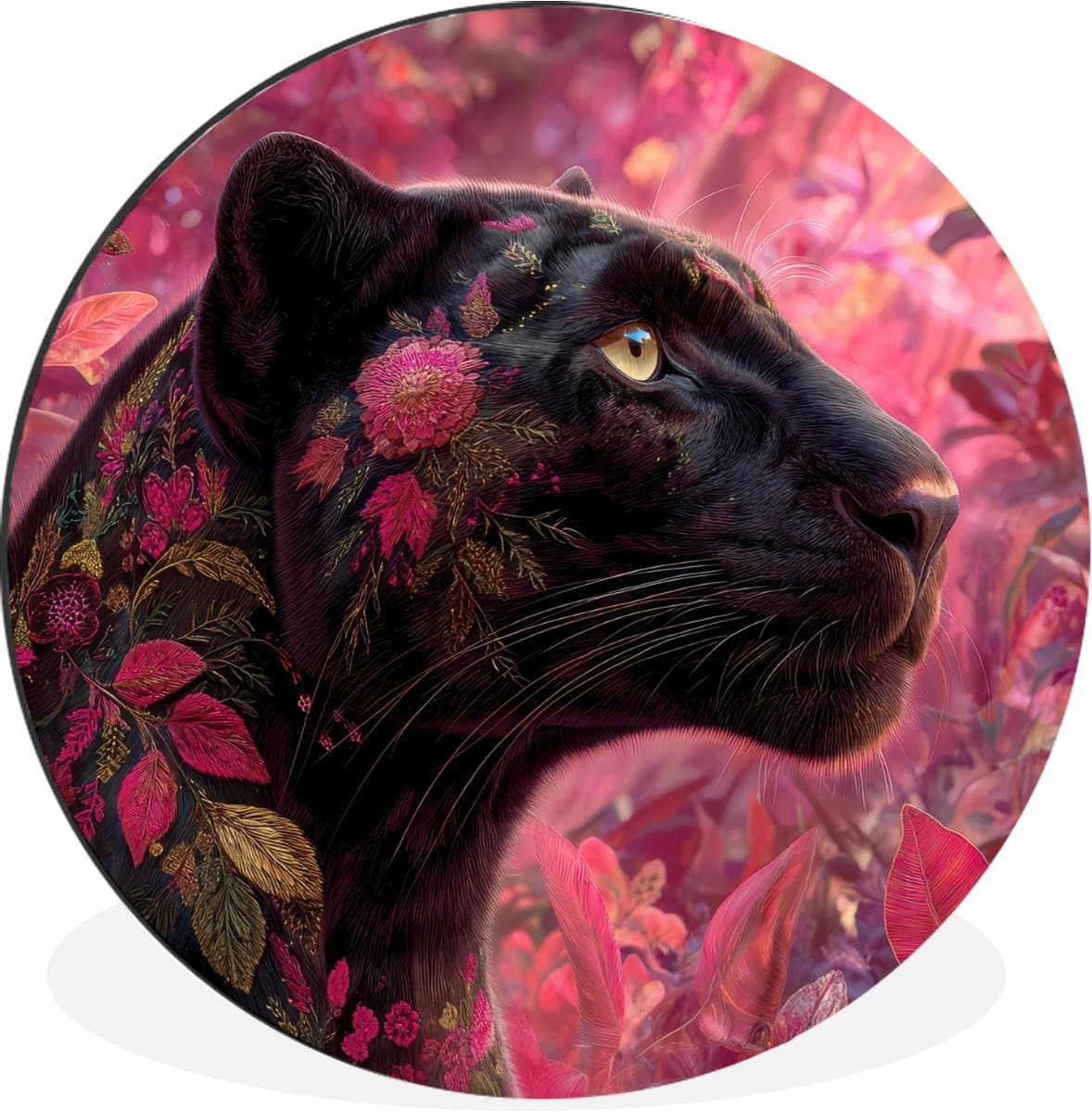 WallCircle - Wandcirkel - Muurcirkel - Luipaard - Bloemen - Roze - Aluminium - Dibond - 60x60 cm - Binnen en Buiten