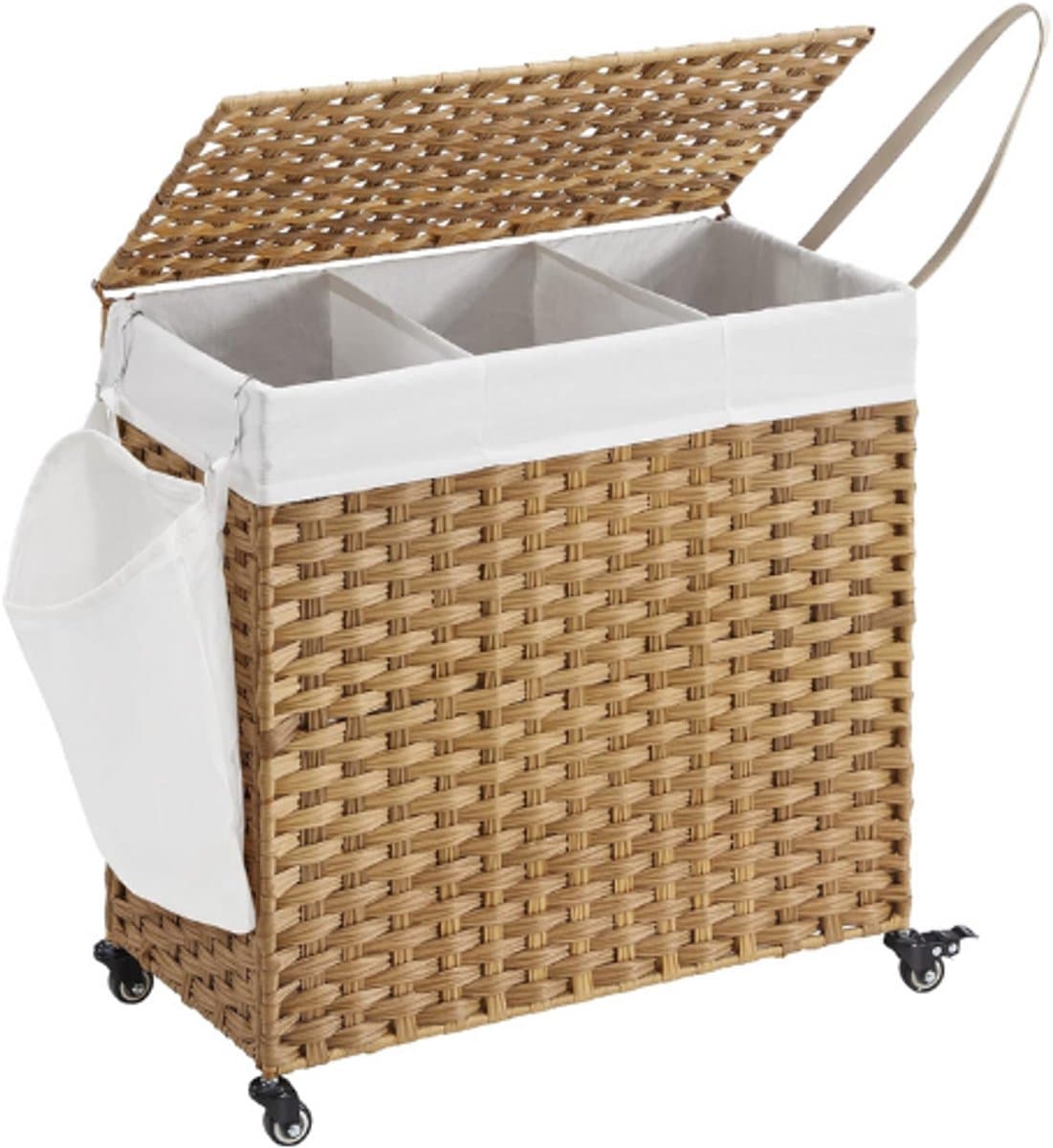 Handgevlochten Wasmand 140L - Rotan Look - 3 Afneembare Tasjes - Deksel En Handvatten - Eenvoudige Montage - Houtkleur - Woonkamer En Badkamer