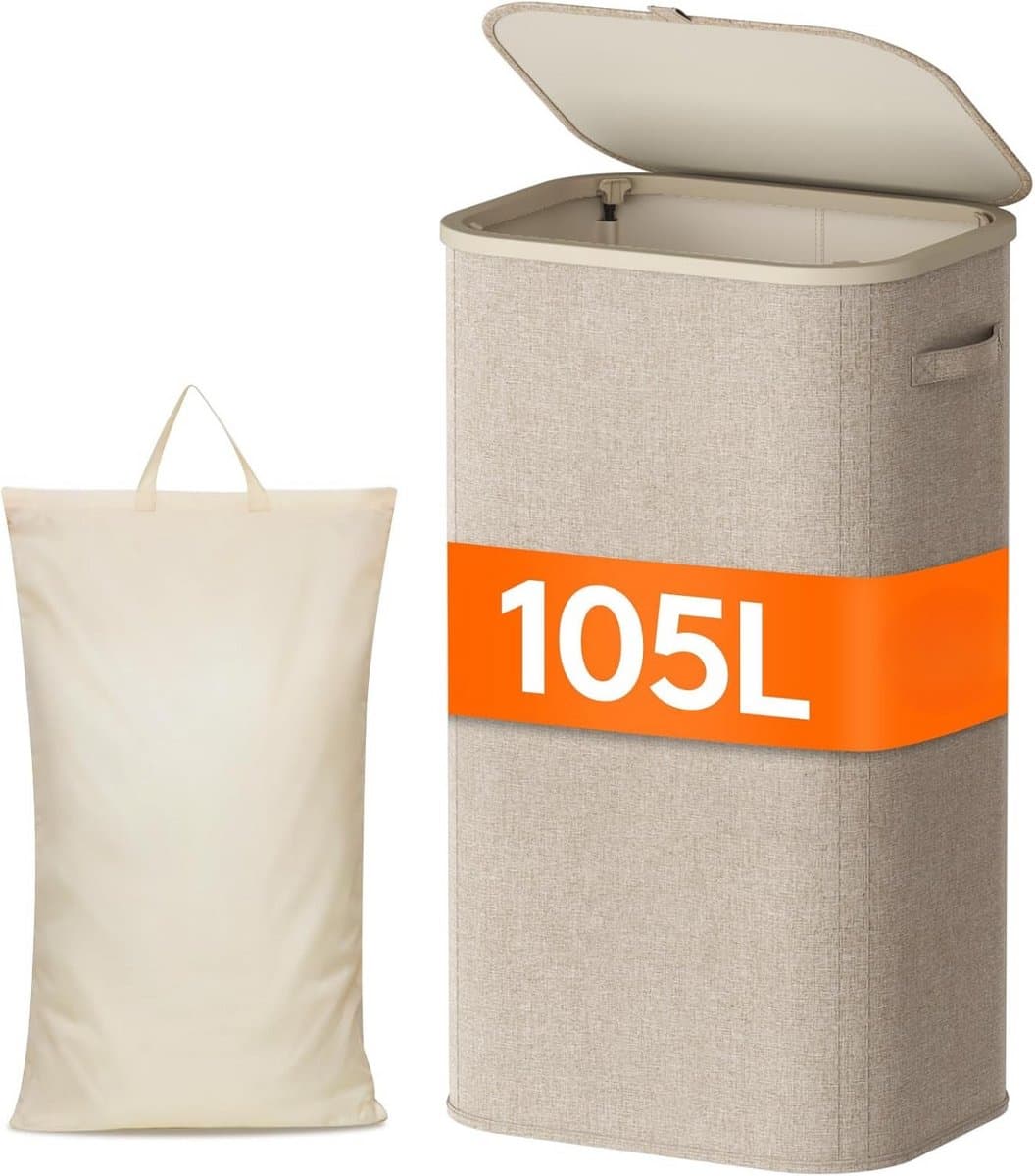 100L Opvouwbare Wasmand Met Deksel – Grote Wasmand Met Handvatten & Uitneembare Waszak – Voor Badkamer- Slaapkamer & Waskamer – Beige