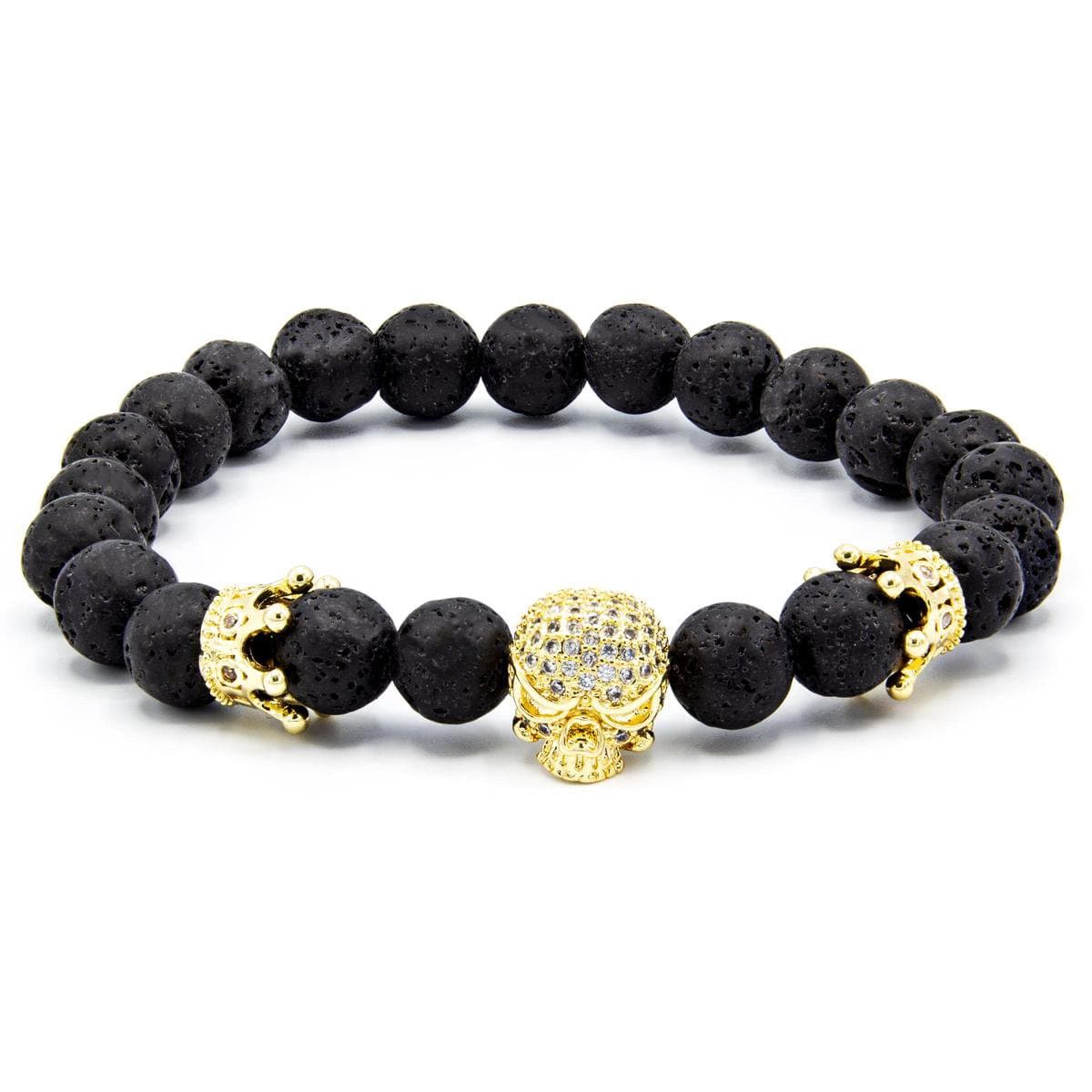 Victorious Natuurstenen Kralen Armband Heren – Gouden Schedel – Zwart – 18cm